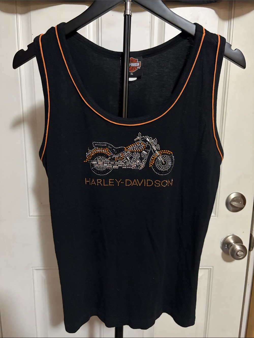 Vintage Y2K Harley Davidson Black with Orange Trim Motorcycle Rhinestone Tank